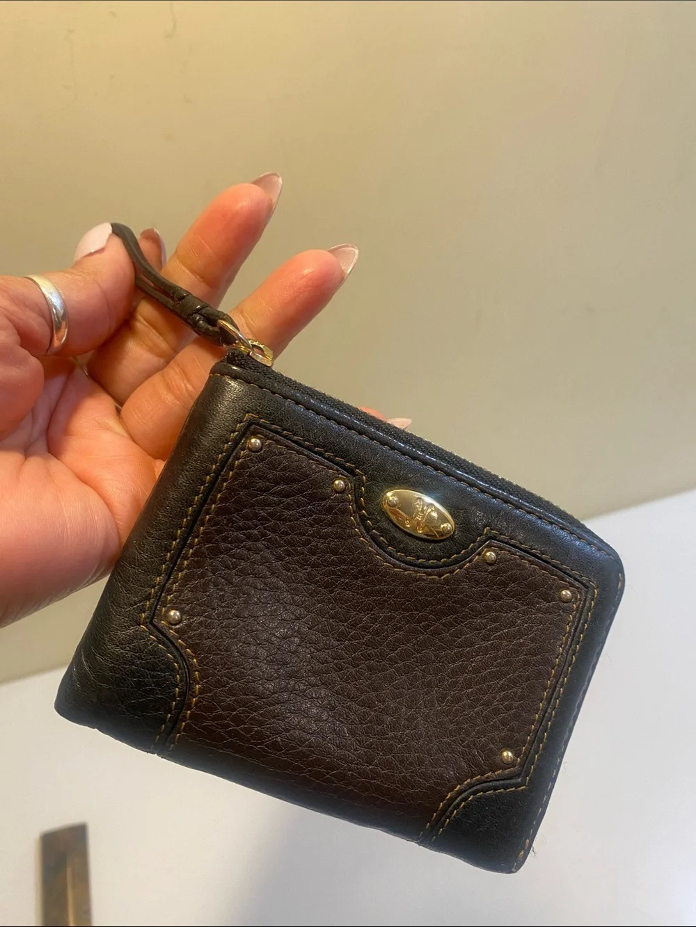 Textured Black Leather Zip Wristlet Wallet